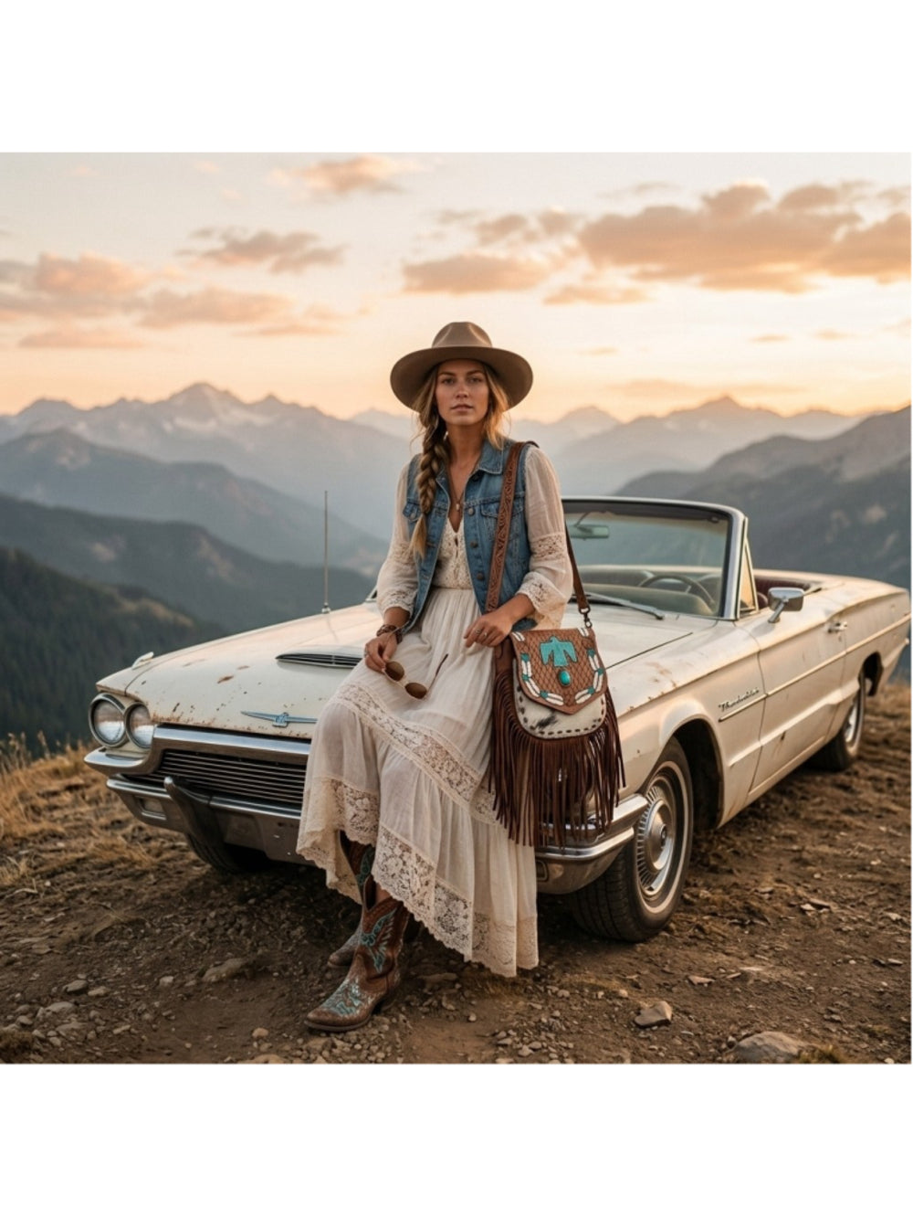 American Darling Turquoise Thunderbird Ridge Fringe Concho Crossbody