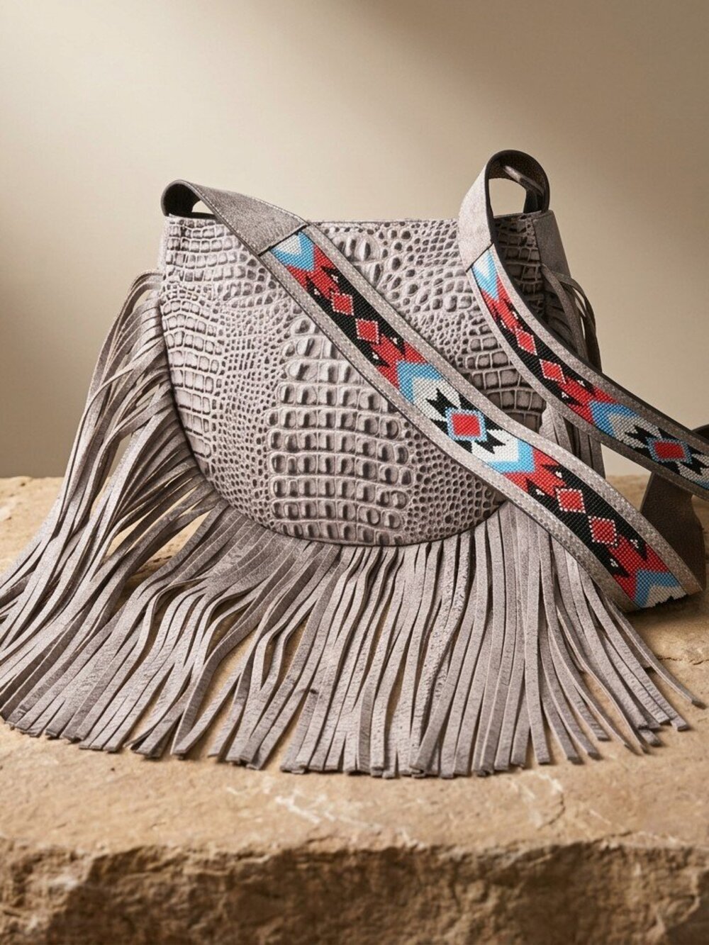 American Darling Boho Fringe Crossbody Statement Bag- Croc Embossed Metallic finish
