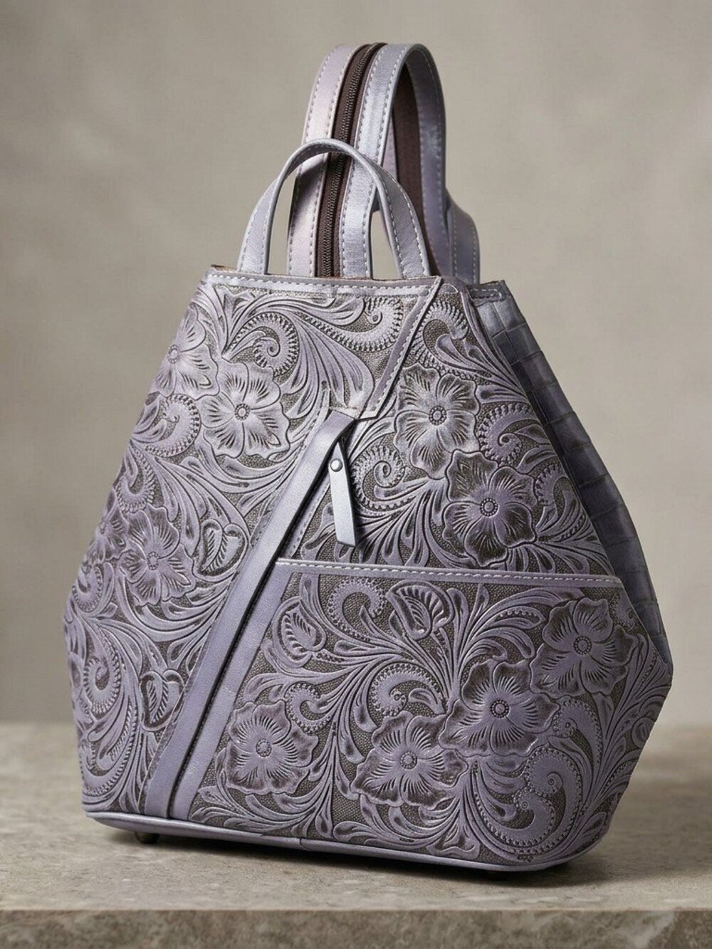 Lilac Embossed Floral Backpack Tote