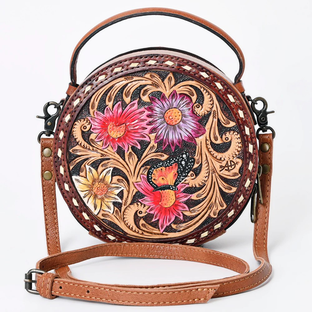 American Darling Western Tooled Leather Crossbody Canteen Bag Floral Carved Pink Cactus Flower and Butterfly Inlay