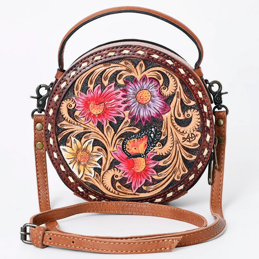 American Darling Western Tooled Leather Crossbody Canteen Bag Floral Carved Pink Cactus Flower and Butterfly Inlay
