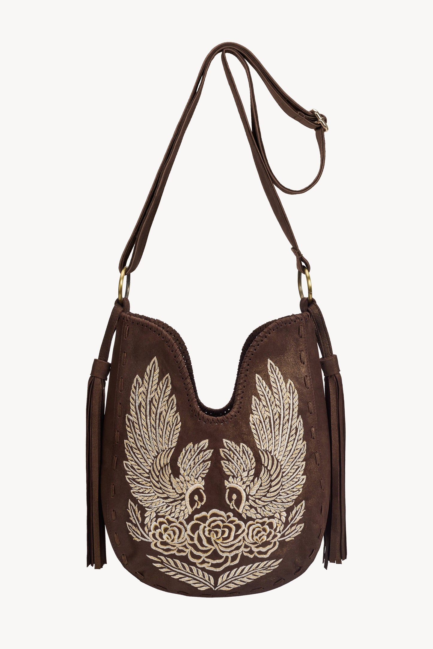 Owl Rose Embroidery Bag Metallic Brown
