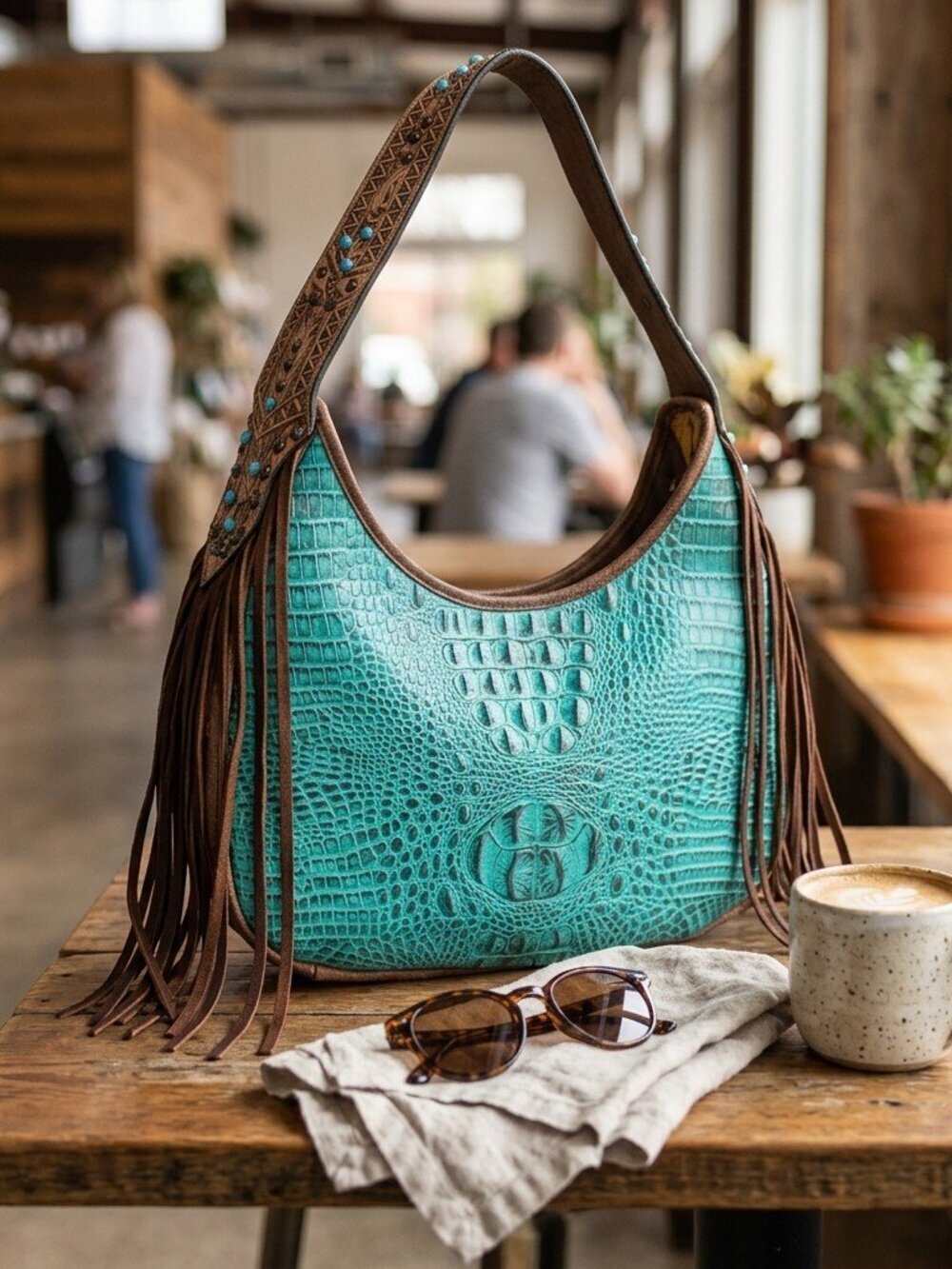 American Darling Turquoise Croc Fringe Shoulder Bag