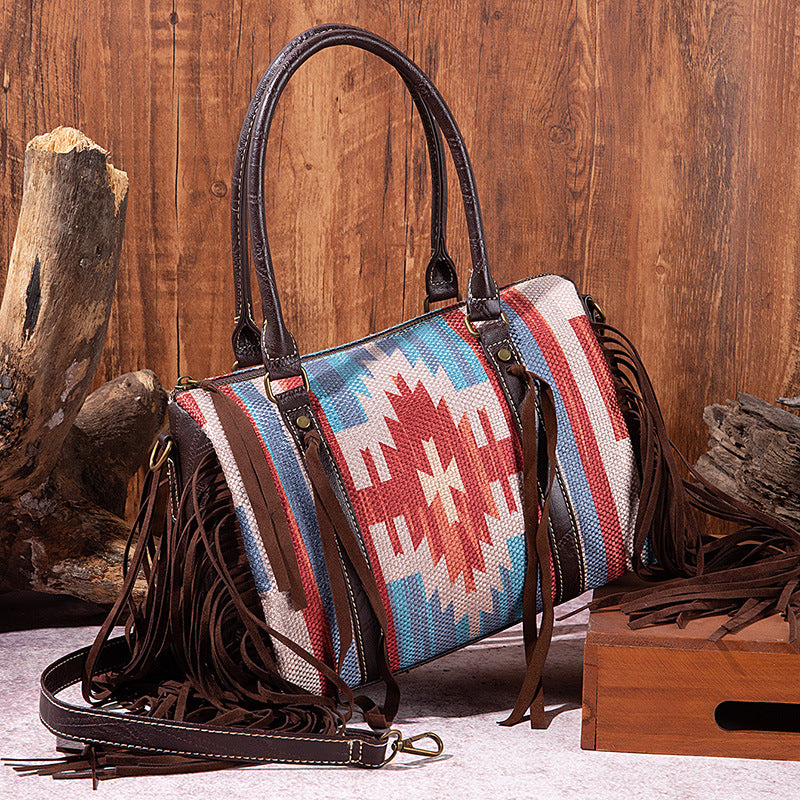 "The Boho Cowgirl" Cotton And Linen Fringe Shoulder Handbag