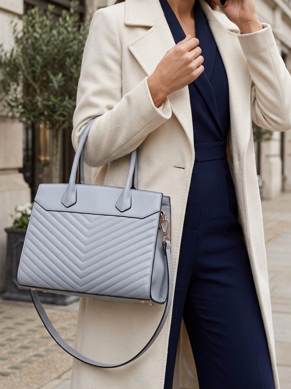 Dusty Blue Quilted Chevron Satchel