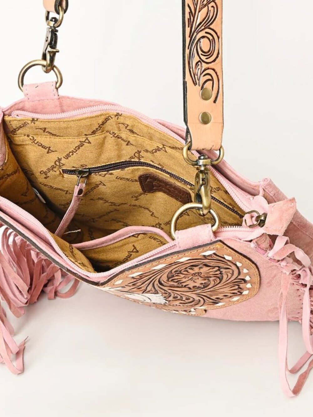 American Darling Boho Feather Tooled Pink Crossbody