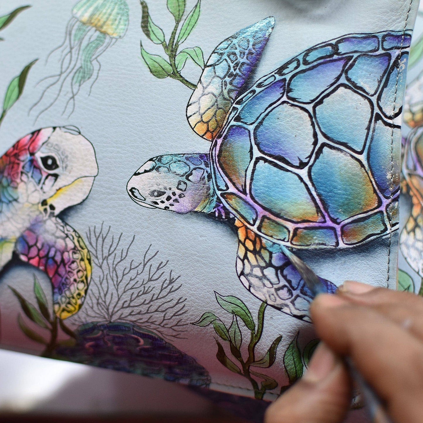 Anuschka Hand-Painted Leather Slim Crossbody With Front Zip - 452-sea turtles