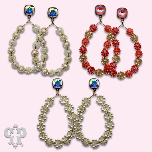 Bead woven flower teardrop earring, Austrian crystal - LC