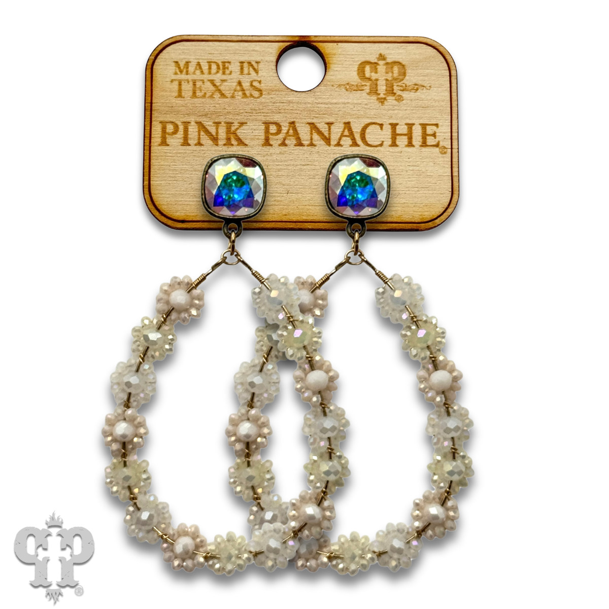 Bead woven flower teardrop earring, Austrian crystal - LC