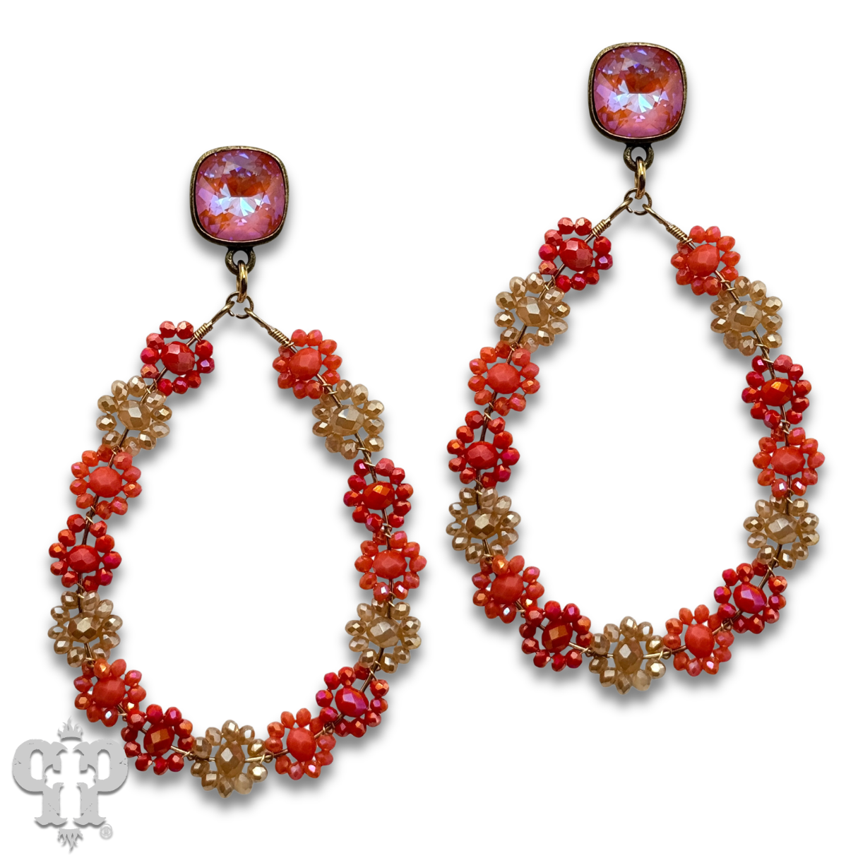 Bead woven flower teardrop earring, Austrian crystal - LC