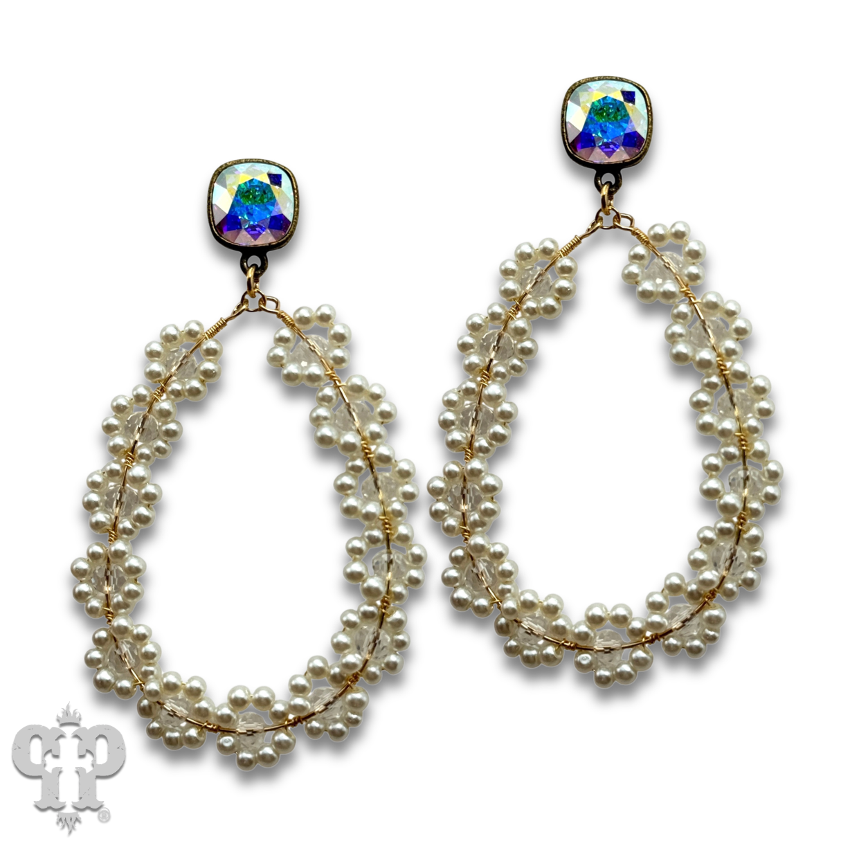 Bead woven flower teardrop earring, Austrian crystal - LC