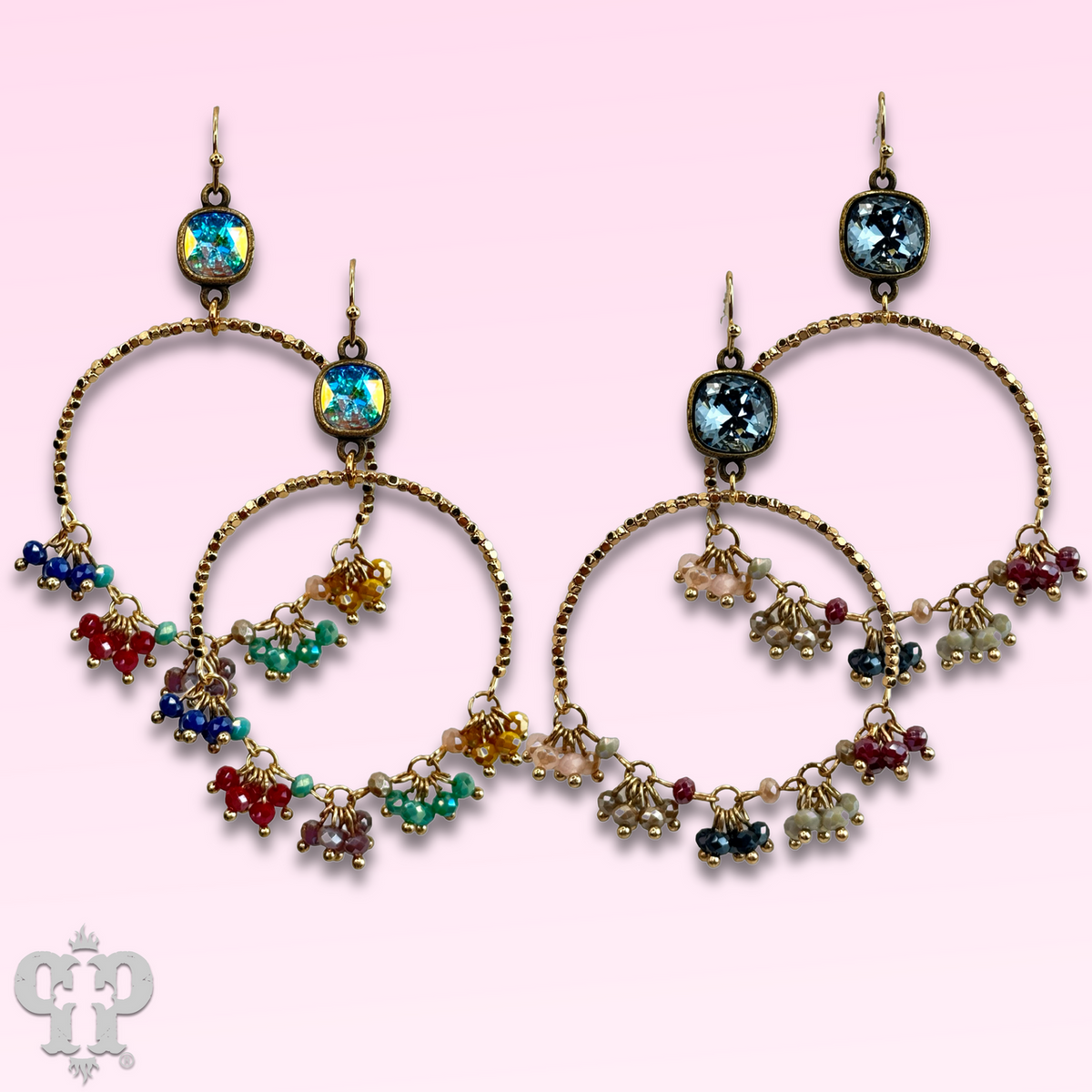 Multi-color bead cluster earring with Austrian crystal - LC