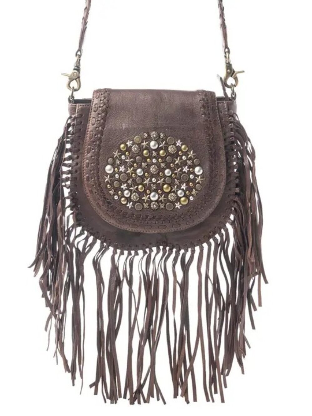 Boho Rivet Fringe Crossbody Bag-Luna Belle Studded Leather Bag in Mocha