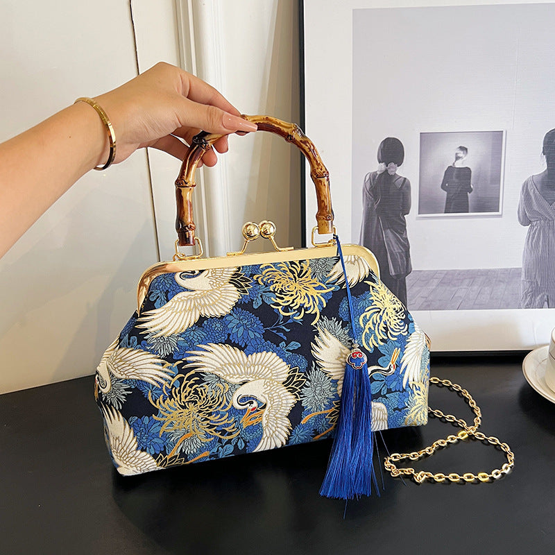 The Red -crowned Crane Retro inspired kisslock Style Embroidered Clutch Bag