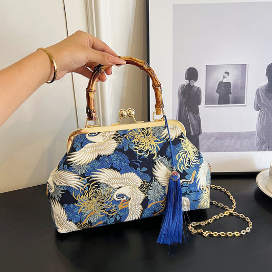 The Red -crowned Crane Retro inspired kisslock Style Embroidered Clutch Bag