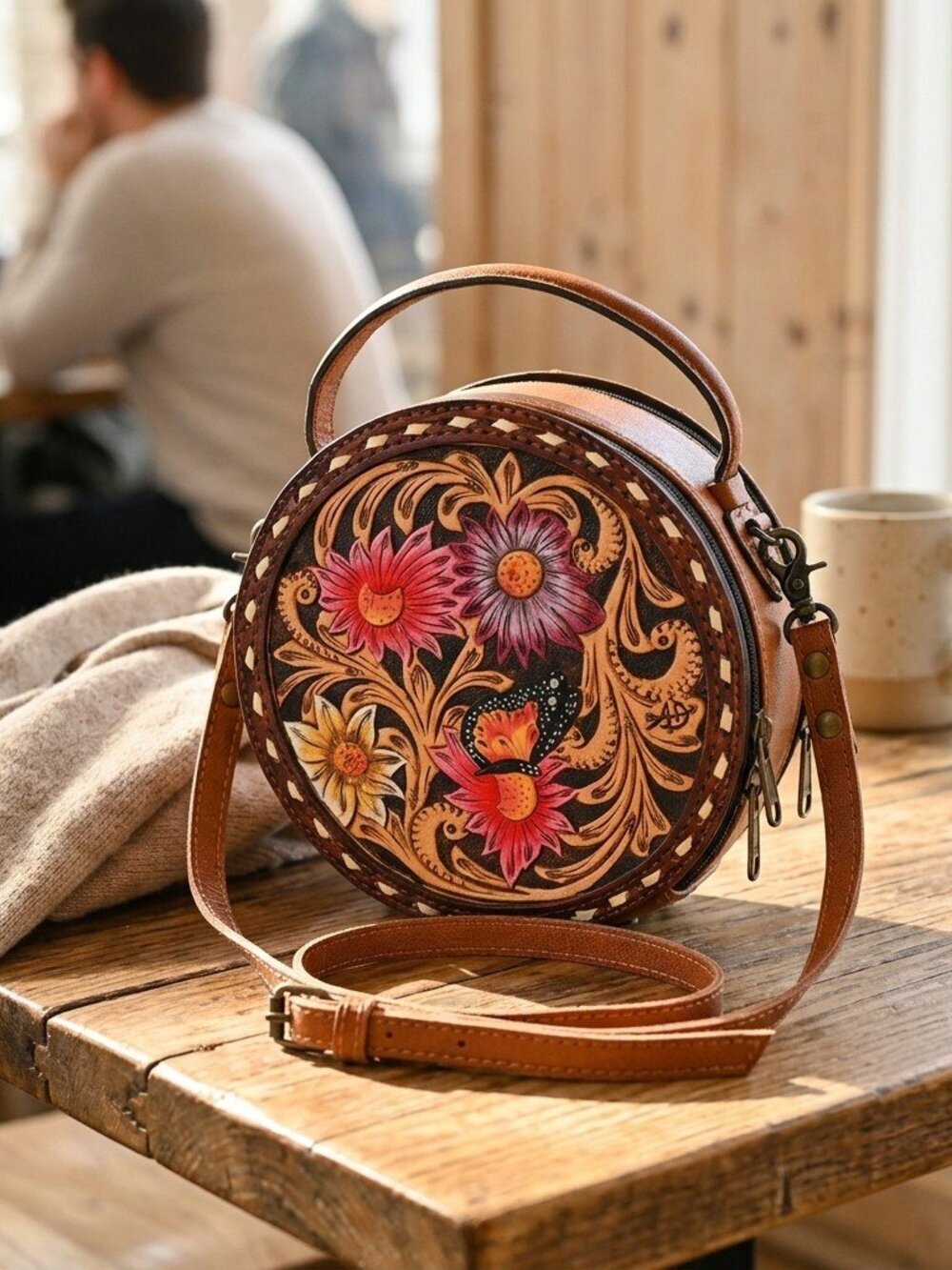 American Darling Artisan Floral and Butterfly Round Crossbody Canteen Bag