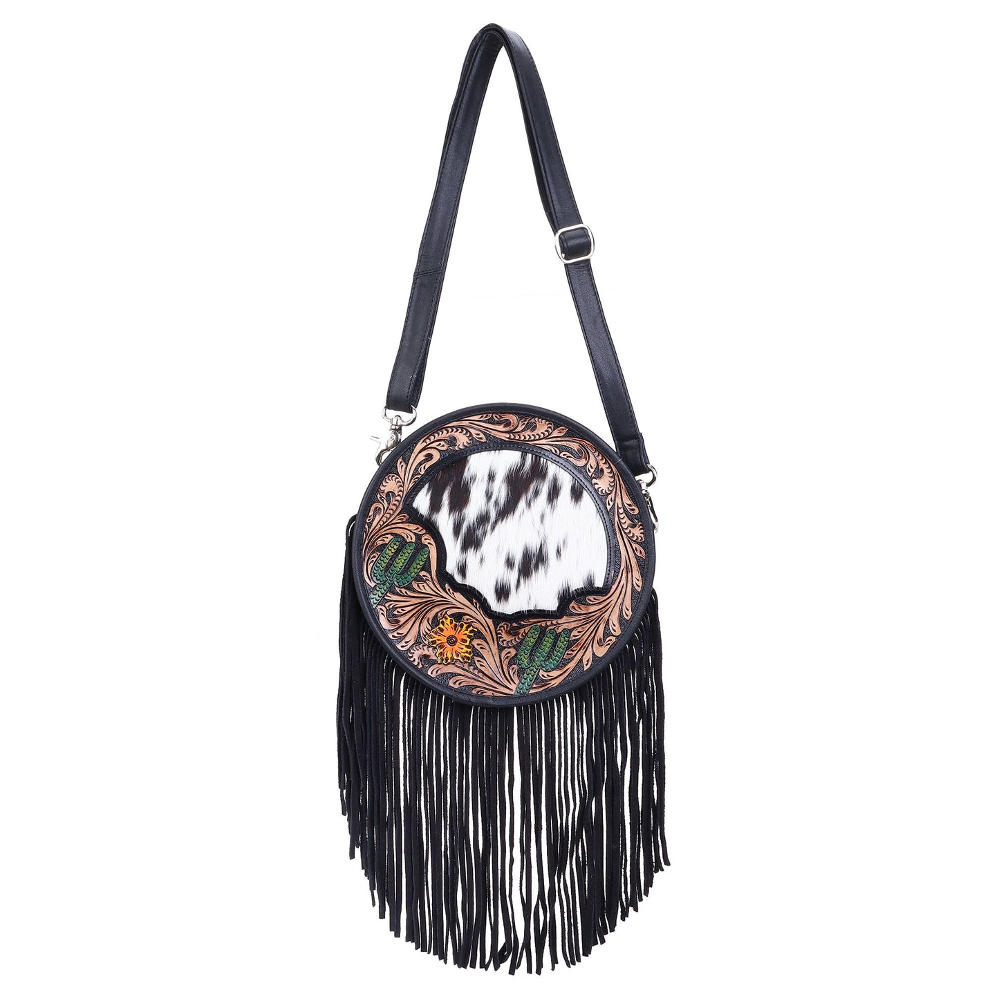 Leather Cowhide Western Hand Tooled Women's Round Crossbody Brown and White