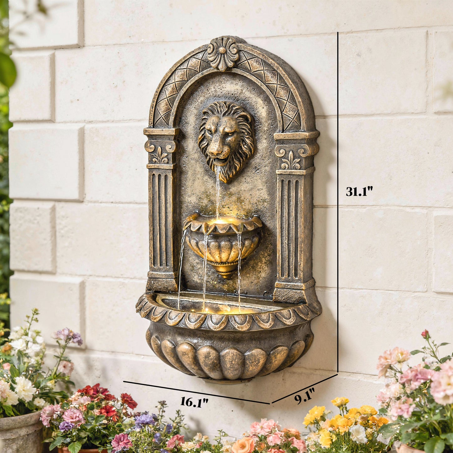 31" Wall-Mounted Outdoor Fountain, 3-Tier Cascading Waterfall Feature with LED Lights and Adjustable Flow, Bronze