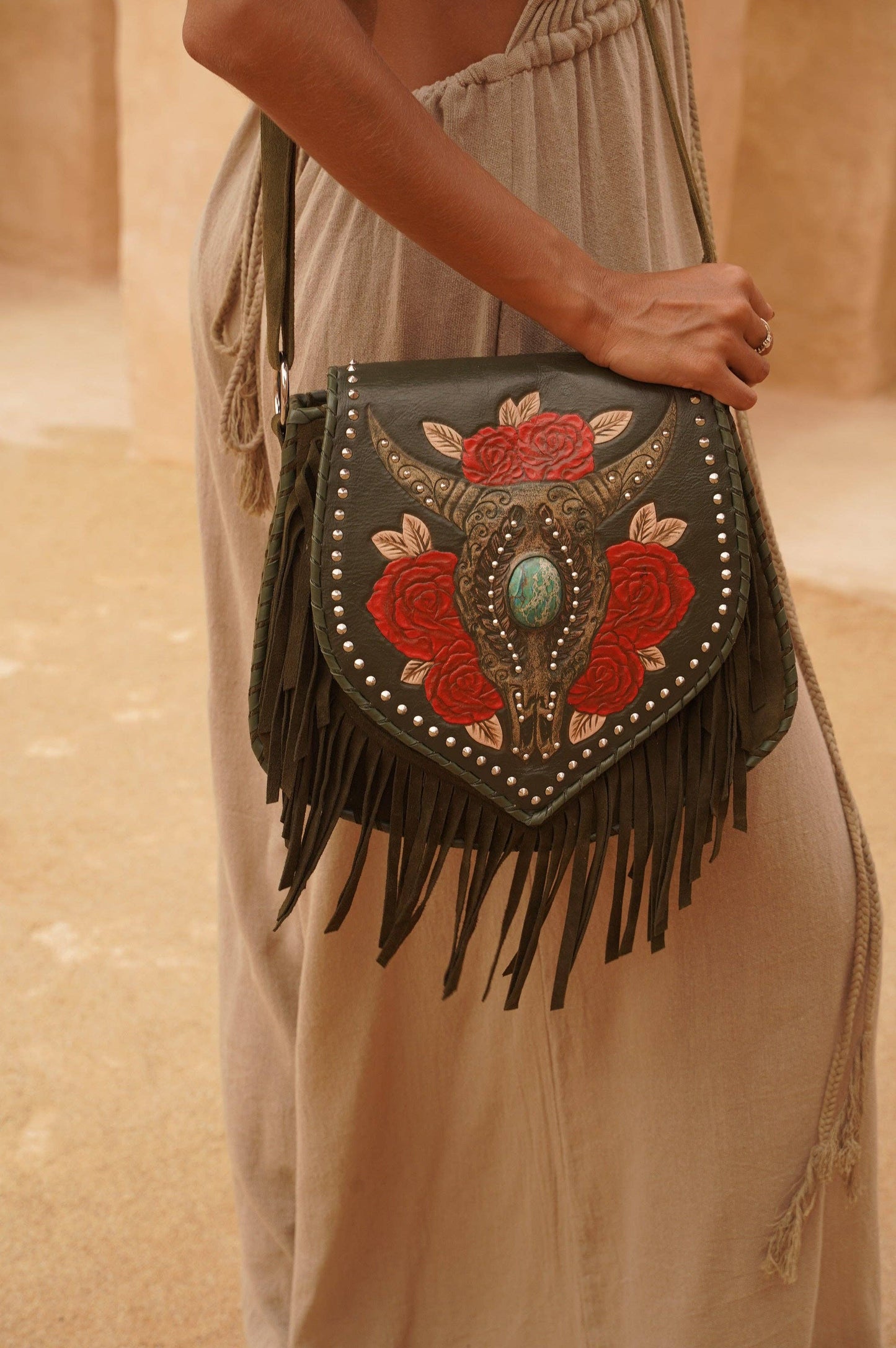 Akaroa Feather Rose Bag Antique Olive
