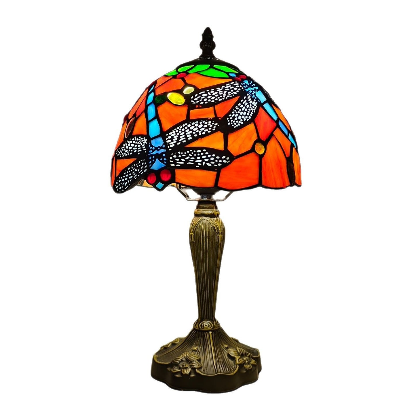 Stained Glass Bedroom Red Dragonfly Flower Study Table Lamp