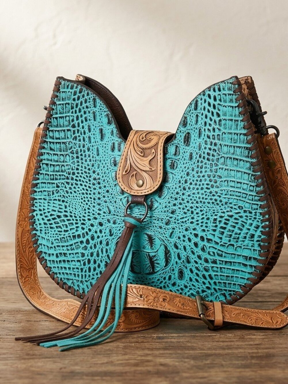 American Darling Turquoise Croc Embossed Saddle Bag