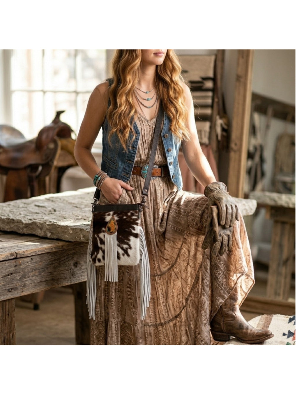 Ohlay by American Darling Sunflower Petal Western Hair-On Fringe Crossbody