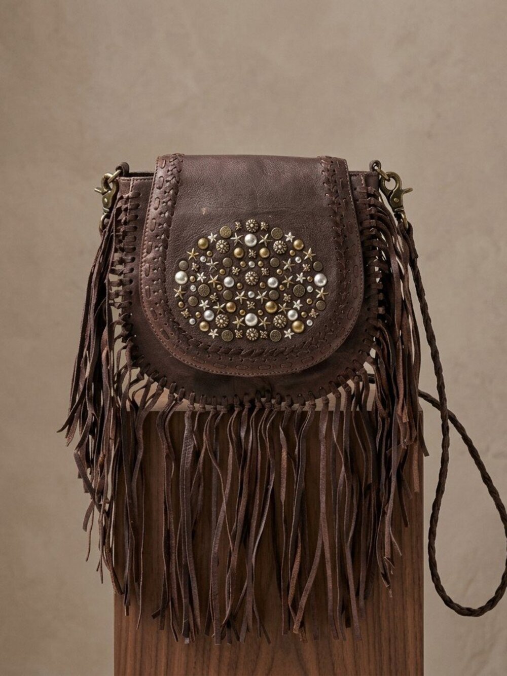 Boho Rivet Fringe Crossbody Bag-Luna Belle Studded Leather Bag in Mocha