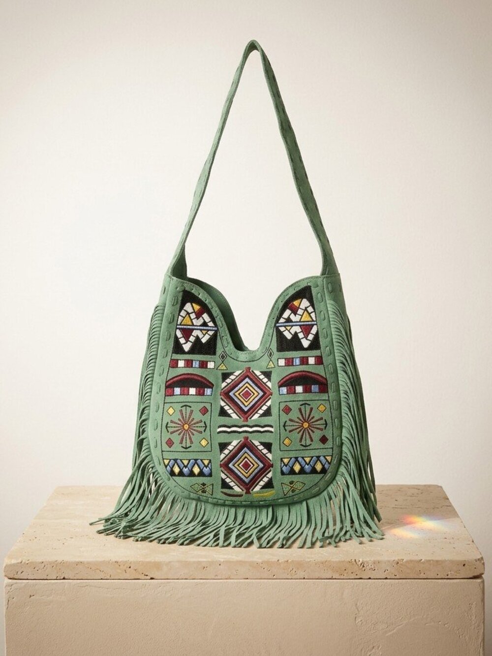 American Darling Sage Green Fringe Tribel embroidered Hobo Bag