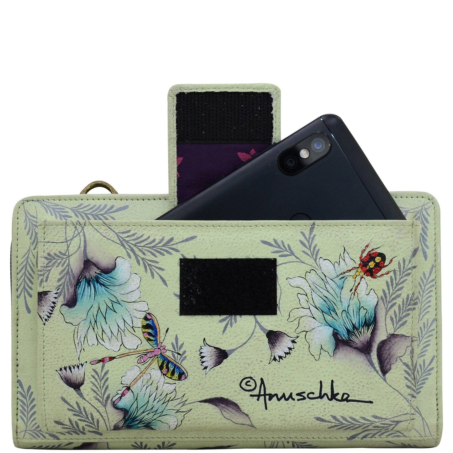 Anuschka Hand-Painted Leather Organizer Wallet Crossbody - 1149-sage green with butterfly and dragonfly