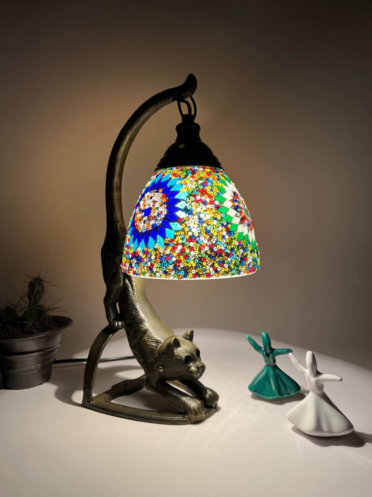Handmade Glass Table Lamp In The Shape Of A Laid-Back Cat
