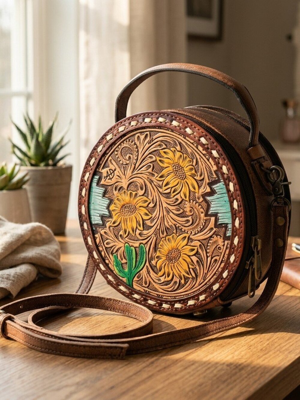 American Darling Sunflower Tooled Crossbody