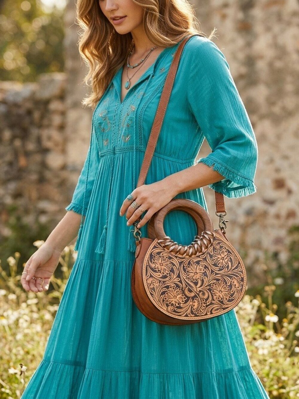 American Darling Boho Carved Wood Handle Crossbody Bag