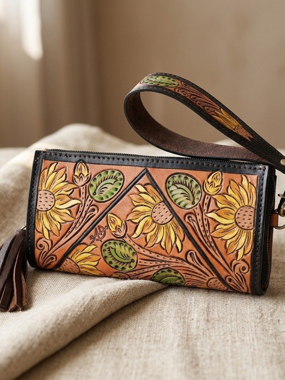 American Darling Boho Bloom Sunflower Embossed Wristlet
