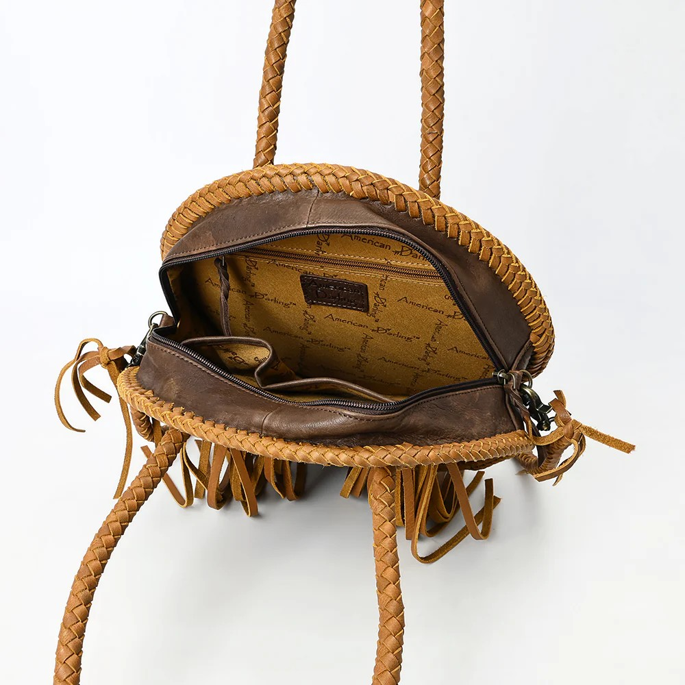 American Darling Round Cowhide Leather Crossbody Canteen Fringe Bag - Western Turquoise Concho & Braided Strap