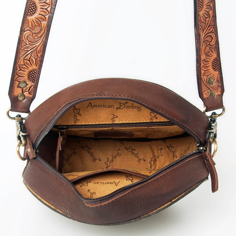 American Darling Hand Tooled Genuine Leather Floral Carved Cross body Canteen Bag- Sunrise over the Desert