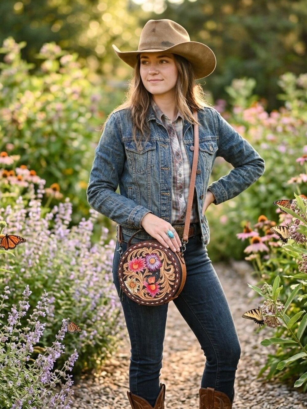 American Darling Artisan Floral and Butterfly Round Crossbody Canteen Bag
