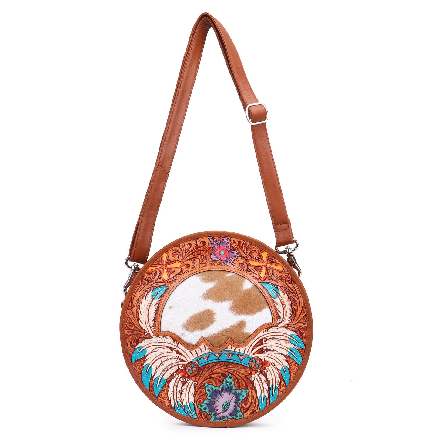 Leather Cowhide Western Hand Tooled Women's Round Crossbody Brown and White