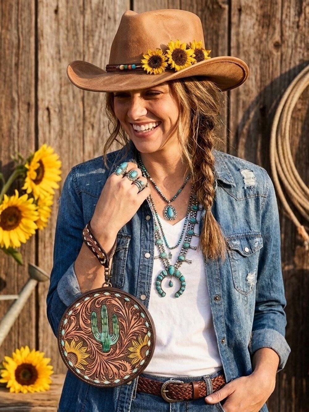 American Darling Desert Sunflower Bloom Leather Wristlet