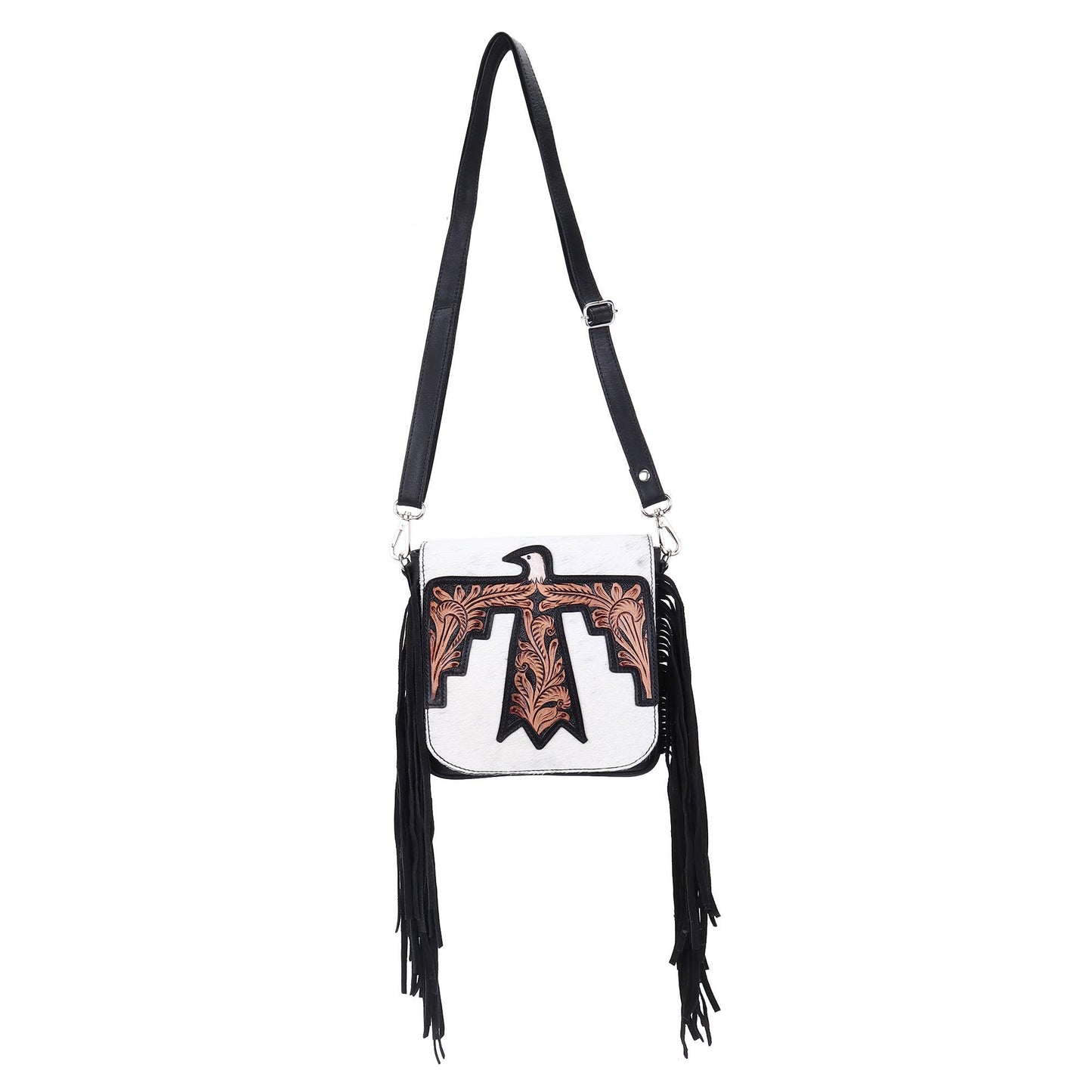 Hummingbird Blooms Leather Tooled Fringed crossbody