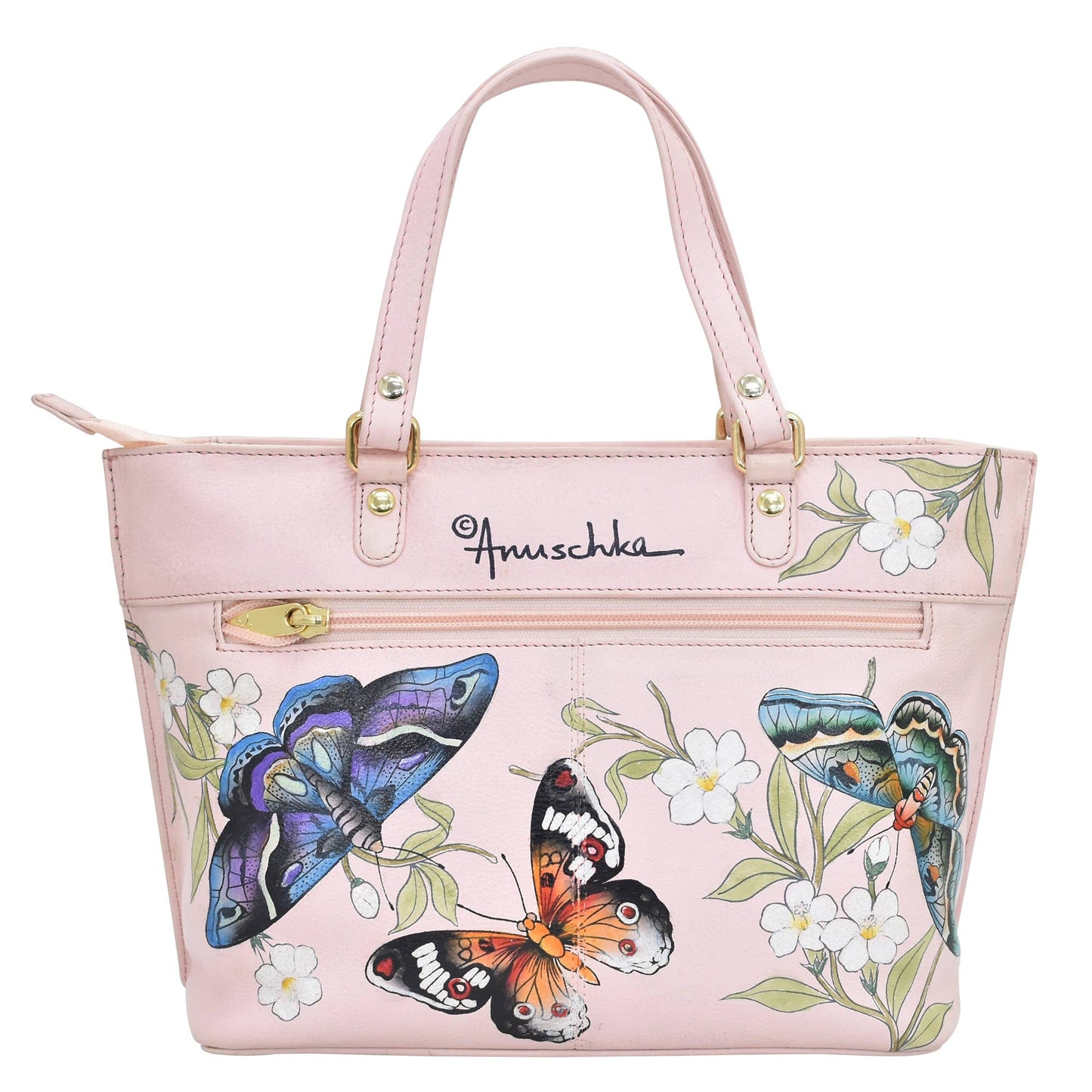 Anuschka Hand-Painted Leather Medium Tote - 693-dusty pink with butterfly