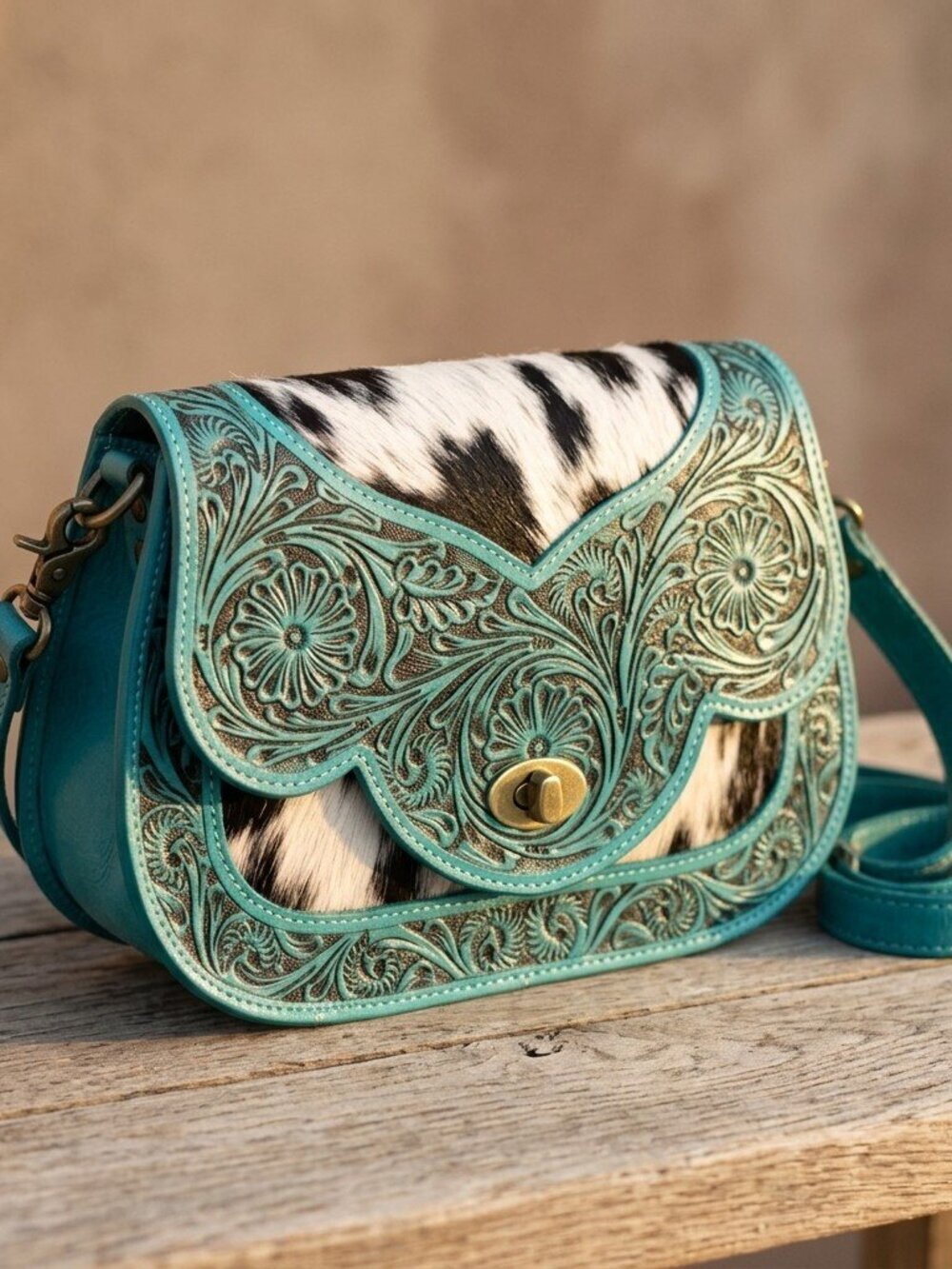 Turquoise Tooled Cowhide Crossbody