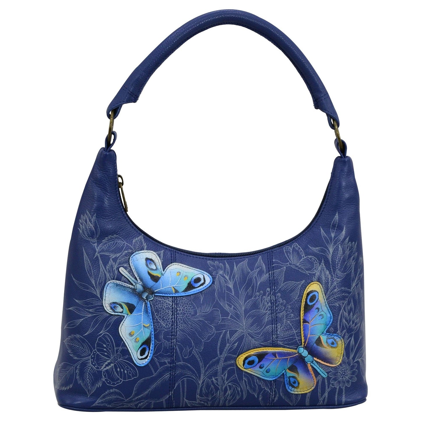 Anuschka Hand-Painted Leather Medium Zip Top Hobo - 371- blue with butterfly