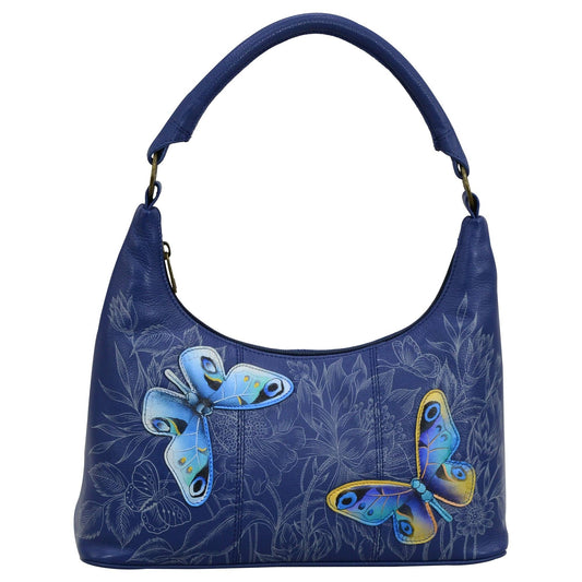 Anuschka Hand-Painted Leather Medium Zip Top Hobo - 371- blue with butterfly