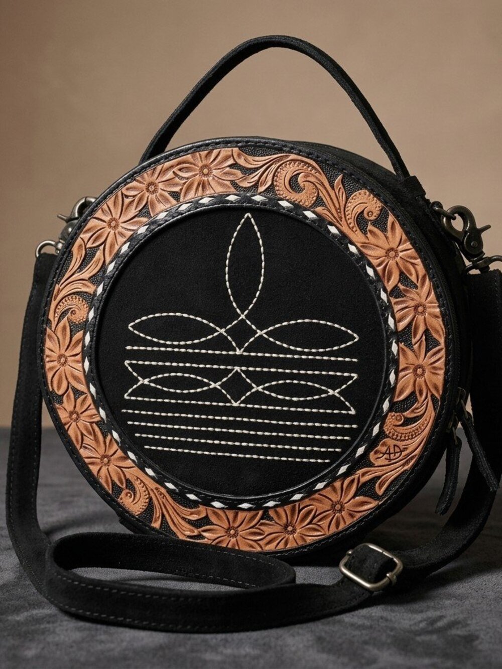 American Darling tooled Western Bloom Circle Canteen Crossbody Bag