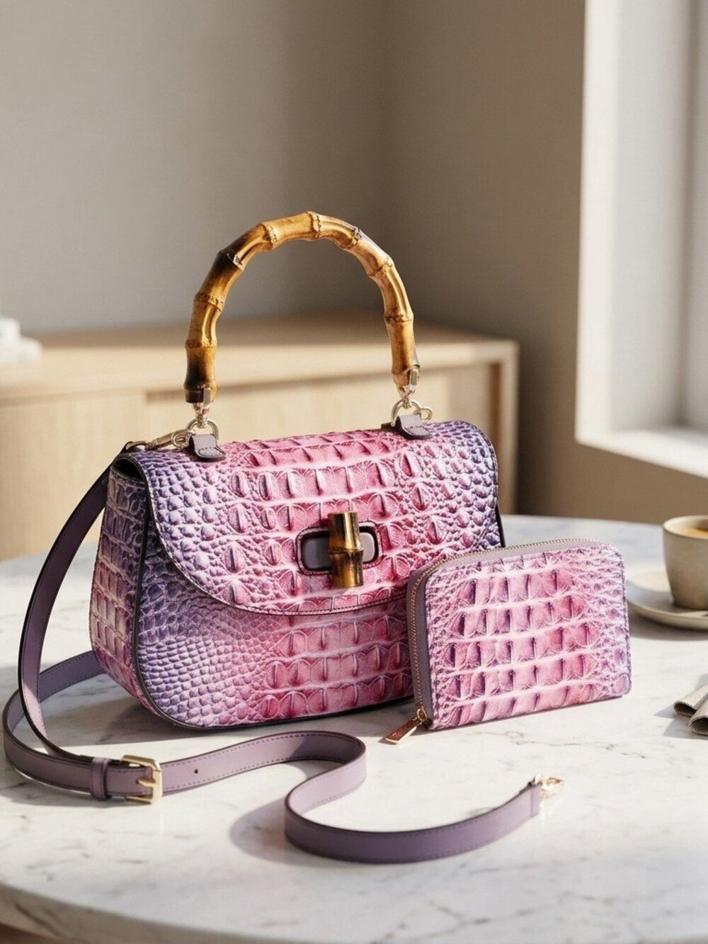 Bamboo handle croc embossed Tie-dyed satchel and wallet set