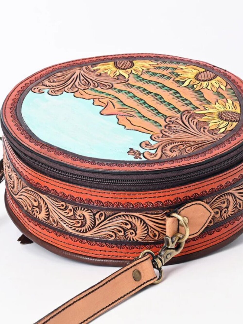 Sunset Sunflower Prairie Leather Canteen Crossbody