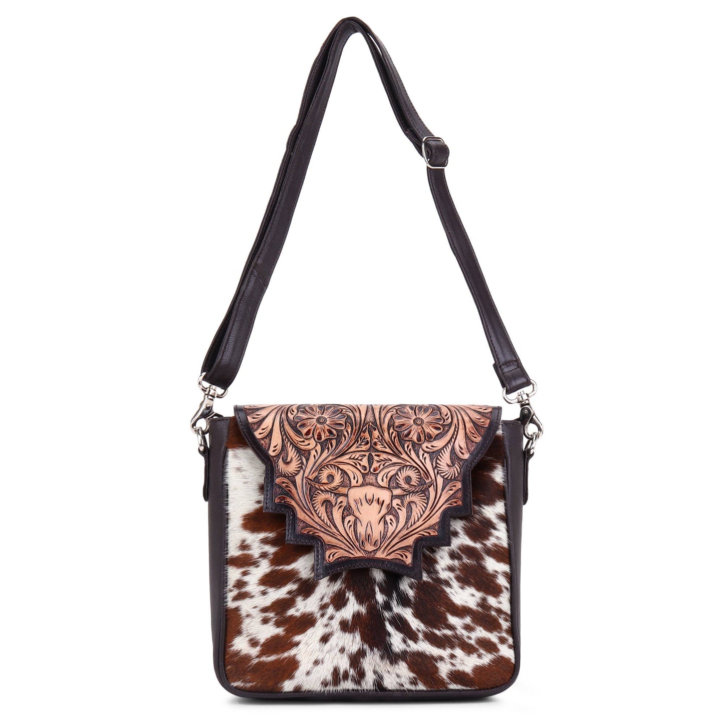 Leather Cowhide Western Hand Tooled Women Crossbody Bag-Brown and white