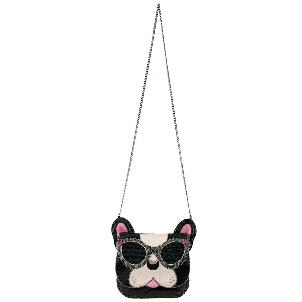 Mary Frances Throw Me a Bone Beaded Dog with Glasses Crossbody Handbag