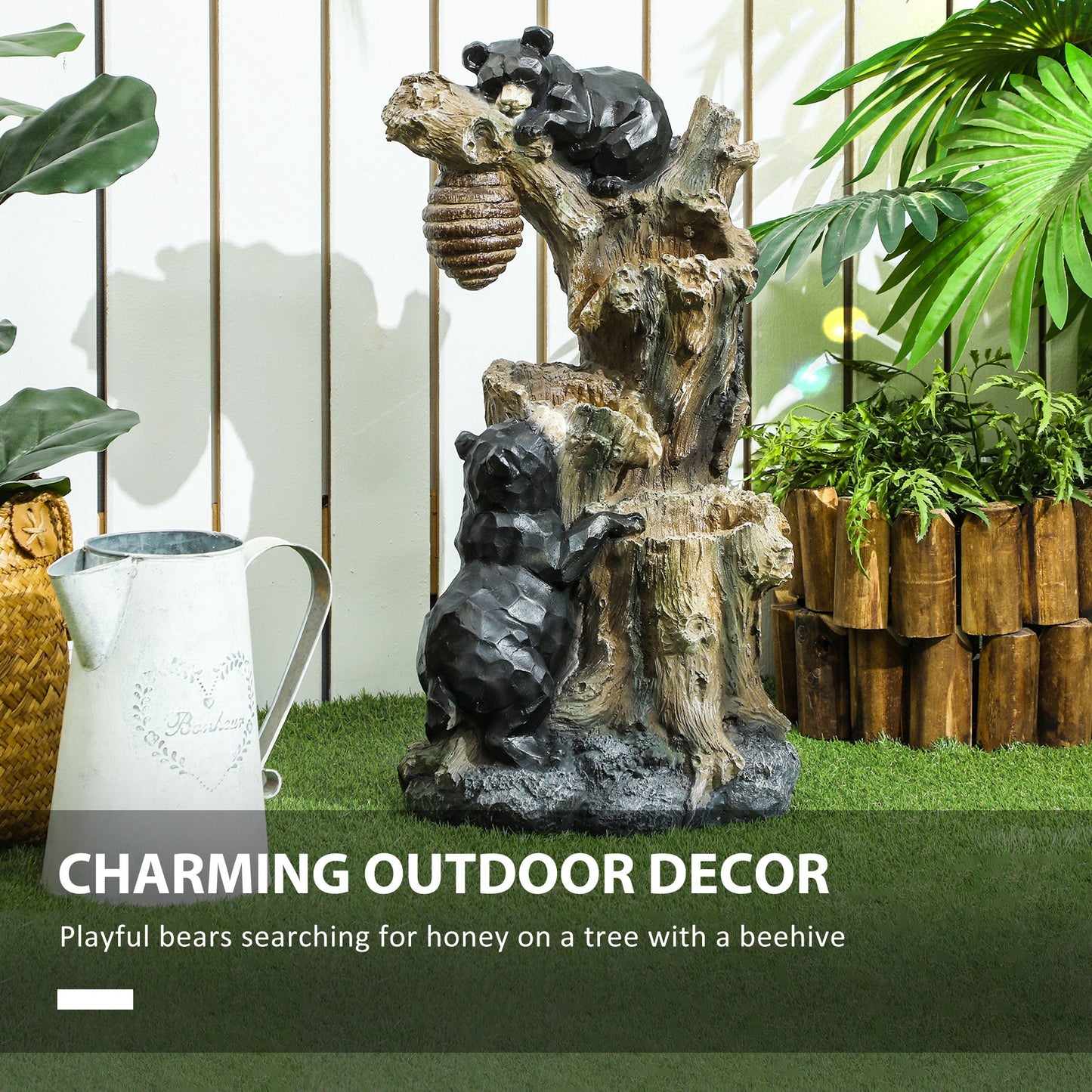 22.4" Outdoor Fountain, 3-Tier Resin Resin Bears and Honey Beehive Outdoor Waterfall Fountain with LED Lights, Pump