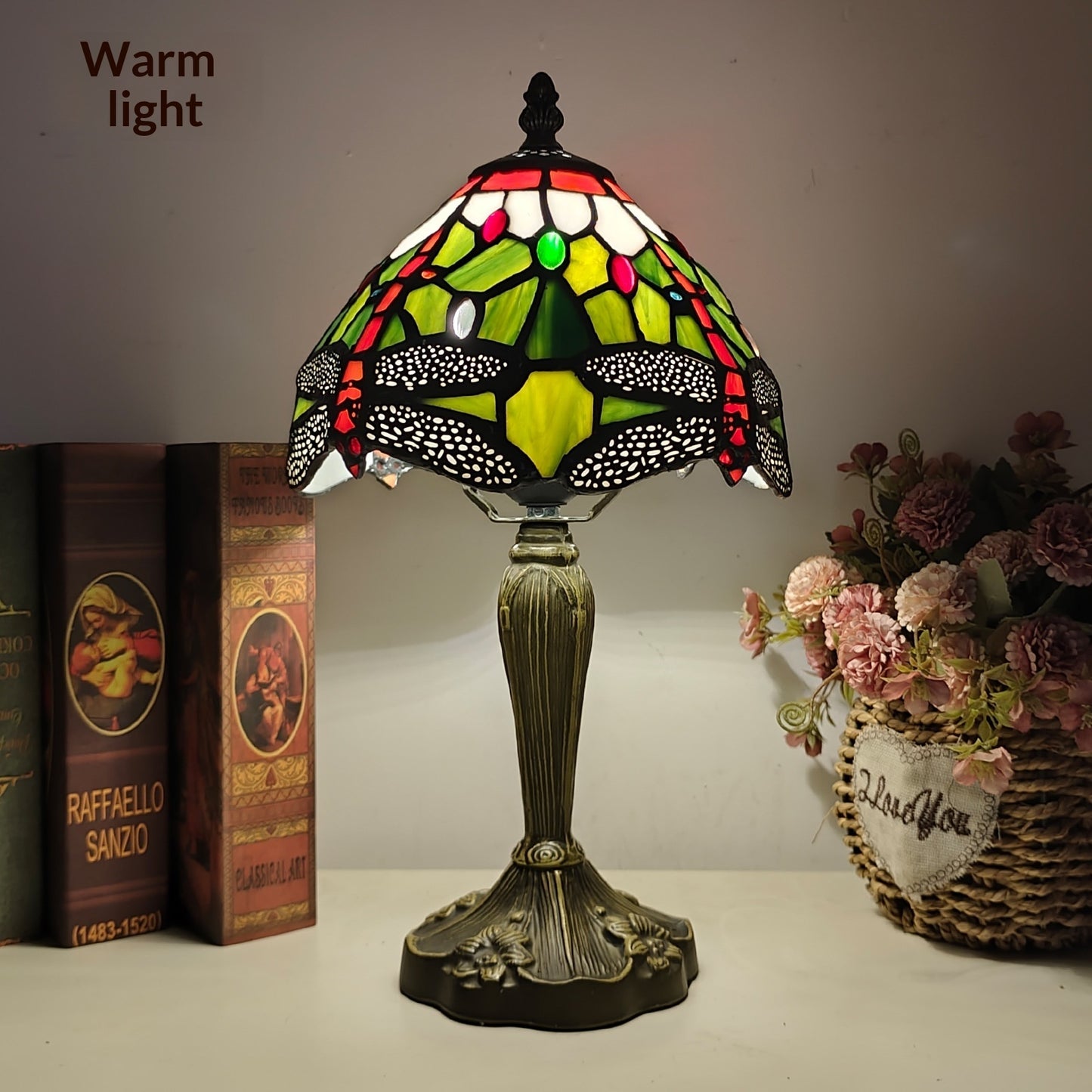 Stained Glass Bedroom Red Dragonfly Flower Study Table Lamp